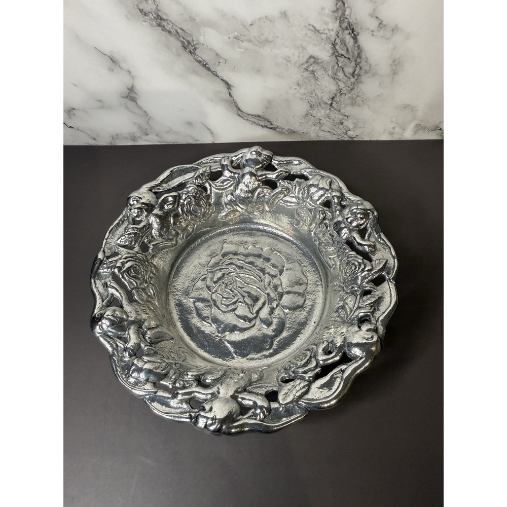 1995 Arthur Court Aluminum Bunny Rabbit and Rose‎ Flower Bowl